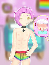 2boys disembodied_head facial_hair fede_(fnafhs) felix_(fnafhs) fnafhs fnafhs_z3ro human lavender_hair male male_nipples male_only mustache partial_male pink_hair underwear_only white_hair yaoi yellow_eyes