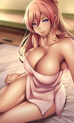 armpits barely_clothed barely_covered bed bedroom_eyes big_breasts blue_eyes breasts cleavage copyright_request earring female female_focus female_only god_eater god_eater_2 god_eater_2:_rage_burst hair_between_eyes izayoi_kaname large_breasts leah_claudius legs long_hair looking_at_viewer messy_hair mole mole_under_eye naked_towel pink_hair seductive single_female smile solo solo_female sweat sweatdrop thick_thighs towel towel_wrap voluptuous watanuki_kaname water water_drop