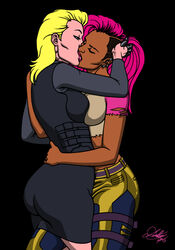 2020 2girls black_suit blonde_hair breast_press cd_projekt_red cyberpunk cyberpunk_(series) cyberpunk_2077 dark-skinned_female eyes_half_open female_only hands_around_waist hands_behind_head human human_only interracial interracial_yuri kaywest kissing light-skinned_female light_skin mature mature_female meredith_stout multiple_girls pink_hair v_(cyberpunk_2077) valerie_(cyberpunk_2077) voluptuous voluptuous_female yuri