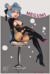 anthro big_breasts blue_hair clothed crash_(series) ear_piercing female fishnet_stockings fishnets grey_background high_heels latex latex_suit megumi_bandicoot pink_eyes pinup sitting_on_stool