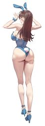 1girls ass ass_focus big_ass big_breasts big_butt blush breasts brown_hair bunny_ears bunnysuit d.va earrings embarrassed facial_markings female from_behind high_heels leotard muloli overwatch rear_view solo solo_female white_background