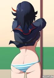 1girls ass ass_cleavage assentlov black_hair blue_and_white_striped_panties blue_striped_panties bubble_butt butt_crack canon_panties kill_la_kill matoi_ryuuko meme multicolored_hair panties rear_view red_hair ryukoredraw school_uniform shimapan striped_panties undressing