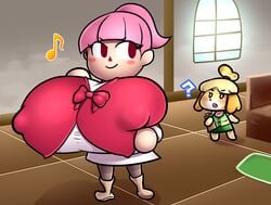 2girls ? animal_crossing animal_crossing_girl blonde_hair bow breasts canine female_focus isabelle_(animal_crossing) large_breasts musical_note nintendo nipple_bulge pink_eyes pink_hair ponytail royaloppai skirt stockings tagme villager_(animal_crossing)