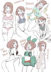 1girls big_ass big_butt blush bra brown_eyes brown_hair cosplay cute eating food lingerie medium_breasts my_hero_academia nervous night_gown ochako_uraraka panties posing white_background