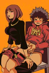 1boy 1girls bimbo brown_eyes brown_hair busty chair clothed_sex cowgirl_position cum_in_pussy cum_inside dekubrandon izuku_midoriya my_hero_academia ochako_uraraka open_mouth reverse_cowgirl_position riding rosy_cheeks straight teenager vaginal_penetration