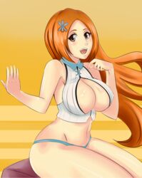 1girls angelox27 bare_arms bare_legs bare_thighs bikini_bottom bleach blue_panties breasts brown_eyes cleavage curvy highres inoue_orihime large_breasts long_hair no_pants orange_hair panties sleeveless smile thick_thighs thighs thin_arms white_shirt wide_hips