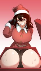 1girls ass ass_focus big_ass big_breasts big_butt bimbo black_panties breasts bubble_ass bubble_butt busty butt butt_focus christmas dat_ass detached_ass gift hello_(artist) highres huge_ass large_breasts looking_at_viewer my_hero_academia naughty_face naughty_smile panties pov santa_costume santa_hat sharp_teeth smile sweat thick_ass tokage_setsuna