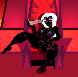 alien alien_girl alien_humanoid black_body black_skin dildo duck_dodgers facial_mark fanart looney_tunes martian martian_(duck_dodgers) nude nude_female pinup purple_eyes purple_nipples purple_pussy queen_tyr'ahnee spread_legs teasing throne throne_room throne_sex tuxedaaron warner_brothers white_hair