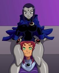 2girls between_legs between_thighs big_breasts colored dc dc_comics headscissor legs_apart rachel_roth raven_(dc) ravenravenraven smooth_skin starfire tagme teen_titans thick_thighs yuri