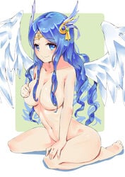 1girls ateam blue_eyes blue_hair breast_grab covered_nipples covering covering_breasts naked nude nude_female smile soft_breasts urd_(valkyrie_connect) valkyrie_connect wings