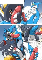 anthro bodily_fluids comic corruption cum cumshot digimon digimon_(species) digivice dragon ejaculation evolution exveemon flamedramon gay genital_fluids goo_(disambiguation) group hi_res lizardman_(artist) male male/male male_only raidramon ringed_eyes teryx teryx_commodore transformation yaoi