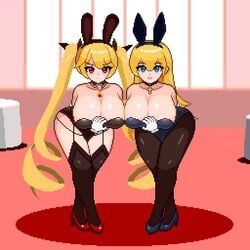 1:1_aspect_ratio anger_vein animal_ears animated azur_lane bangs big_breasts black_ribbon blonde blue_eyes blue_footwear blue_heart_pasties blue_pasties blush bouncing_breasts breasts bunny_ears bunny_girl bunnysuit clavicle cleavage cross cross_necklace disembodied disembodied_limb eyebrows_visible_through_hair favorite garter_straps high_heels indoors jewelry lingerie long_hair looking_at_viewer magic_hand necklace nelson_(azur_lane) no_sound north_carolina_(azur_lane) north_carolina_(the_heart's_desire)_(azur_lane) pantyhose pasties pendant pink_heart_pasties pink_pasties pixel_art raccoon_(potesara) red_eyes red_footwear ribbon shoes smile tagme thick_thighs thighhighs tied_hair tsundere twintails ugoira very_long_hair video wide_hips