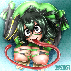 1girls areolae big_breasts black_eyes bodysuit boots breasts busty exposed_breasts female frog_girl froppy full_body gloves green_hair hero_outfit_(mha) long_hair looking_at_viewer my_hero_academia nipples open_clothes ripped_clothing sevie skin_tight solo solo_female solo_focus squatting teenager thick_thighs thighs tongue tongue_out tsuyu_asui