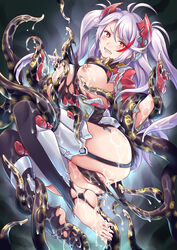 antenna_hair azur_lane bangs barefoot black_hair black_panties blush breasts brown_eyes censored clenched_teeth eyebrows_visible_through_hair feet female garter_straps gloves hair_between_eyes headgear highres knees_up kuragetakos large_breasts long_hair long_sleeves looking_at_viewer mosaic_censoring multicolored_hair nipple_tweak nipples panties panty_pull parted_lips pointless_censoring prinz_eugen_(azur_lane) red_hair restrained saliva saliva_trail silver_hair solo streaked_hair swept_bangs tears teeth tentacle thighhighs thighs toenail_polish toes torn_clothes torn_legwear two_side_up underwear very_long_hair