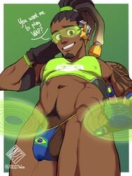 0027woo 1boy bulge cum_stain dd27woo dreadlocks flaccid lúcio male male_only nipples_visible_through_clothing overwatch precum pubic_hair solo speech_bubble tattoo testicles thong tight_clothing video_games visor visor_(eyewear) visor_glasses