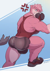 2020 abs absurd_res annoyed anthro ass avian back_muscles balls biceps bird blue_eyes bottomwear bulge claws clothed clothing detailed_bulge flamingo footwear genitals hair hi_res looking_back male male_only muscular muscular_anthro muscular_male one_leg_up pecs pink_body pink_hair quads raised_leg running_shoes shirt shoes shorts solo spanking tank_top thepurp topwear triceps wiping_face