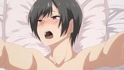 1boy 1girls animated arms_around_neck bed bedroom black_hair blush brown_hair female gif leg_lock missionary nude panting passionate sex short_hair straight subtitled thrusting uwaki_to_honki white_bed_sheet