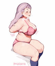 1girls artist_name bbw belly_fat big_breasts blush breasts chubby chubby_female closed_eyes female female_only hands_behind_back jasminka_antonenko keigi_(artist) little_witch_academia long_hair loosen_belly movement_lines pink_underwear purple_hair sitting socks solo_female steam steaming_body sweat sweatdrop sweating thick_eyebrows thick_thighs thighs undressing white_background