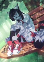 1boy 2016 absurd_res artist_signature bench black_hair blue_eyes bracelet bulge commission converse ear_piercing femboy fumiko furry lip_piercing lupine male male_only penis_in_panties shoes skirt snakebite_piercing sneakers tail tie tying_shoes whiskers wolf