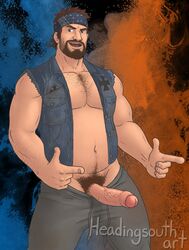 1boy 1male bandana bara bbm beard beefy bhm biker biker_clothes body_hair chubby chubby_male dad_bod dilf erect_penis erection facial_hair far_cry far_cry_4 finger_gun foreskin green_eyes headingsouth human hurk_drubman_jr intact male male_only masculine mature_male musclegut muscular_male open_pants open_shirt partially_retracted_foreskin pecs penis penis_out pubes pubic_hair uncut veiny_penis vest video_games