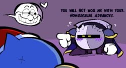 anthro anus armor avian bird blush cape clothing duo english_text heart humor king king_dedede kirby_(series) male male/male male_only mask meta_knight nintendo penguin royalty text torquewintress video_games x_anus