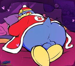 anthro anus ass avian backsack balls bed bedroom bedroom_eyes big_butt bird blush chubby_male clothing flippers furniture genitals hat headgear headwear heart hi_res king_dedede kirby_(series) lying male male_only narrowed_eyes nintendo on_bed on_front penguin perineum presenting presenting_hindquarters robe seductive slightly_chubby solo solo_male stubby_tail torquewintress video_games