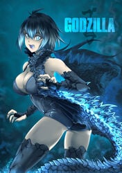 black_hair black_legwear black_scales blue_eyes blue_hair blue_scales female godzilla godzilla_(series) godzilla_king_of_the_monsters gradient_hair kaiju lolitamajin looking_at_viewer medium_ass medium_breasts monster monster_girl monsterverse personification short_hair smile smiling tagme