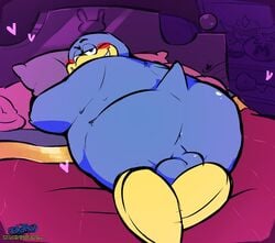 anthro anus ass avian balls bed bedroom_eyes bird chubby_male flippers furniture genitals heart hi_res king_dedede kirby_(series) looking_at_viewer looking_back lying male male_only narrowed_eyes nintendo on_front penguin perineum rear_view seductive slightly_chubby solo solo_male stubby_tail torquewintress video_games