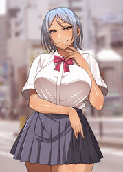 1girls aoi_(korotsuke) aoi_(the_creepy_glasses_girl) aoi_miyake aoi_miyake_(korotsuke) arm_below_breasts arm_under_breasts before_sex big_breasts blue_hair brown_eyes clothed clothing dark-skinned_female dark_skin female female_only korotsuke large_breasts looking_at_viewer raised_eyebrows school_uniform shiny_hair shiny_skin short_hair skirt smile smiling smiling_at_viewer smirk solo solo_focus tan tan_body tan_skin teal_hair the_creepy_glasses_girl thick_thighs