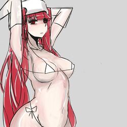 1girls artist_request bikini bleach breasts cap dokugamine_riruka gloves highleg_bikini long_hair narrow_shoulders panties red_eyes red_hair side-tie_bikini side-tie_panties thin_arms underwear white_bikini white_cap white_gloves white_panties white_skin wide_hips