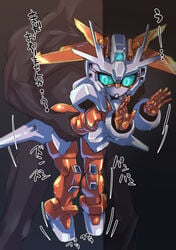 1boy 1girls against_wall ambiguous_penetration aqua_eyes ass bent_over blue_eyes blue_sclera carrying dark-skinned_male dark_skin doggy_style eyelashes female forehead_jewel gundam gundam_build_fighters gundam_build_fighters_try hybrid invisible_wall japanese_text male mecha_musume muscular_male no_mouth pochincoff posterior_cleavage robot robot_girl robot_joints sex size_difference standing standing_sex straight suspension taken_from_behind text