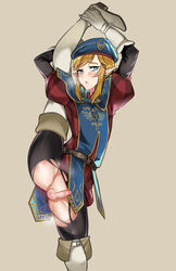 1boy androgynous blonde_hair blue_eyes blush breath_of_the_wild femboy feminine_male girly knight leg_held_up lifting_leg link looking_away looking_to_the_side male male_only penis_out royal_guard_boots royal_guard_cap royal_guard_link royal_guard_set royal_guard_uniform small_penis solo standing_split steaming_body steamy_breath stretching sweat sweatdrop tamatamako the_legend_of_zelda torn_clothes torn_pantyhose trap visible_breath