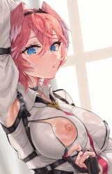 :o @_@ absurd_res absurdres armpit armpits blue_eyes blush breast_zipper breasts choker collar collarbone female flustered gloves hair_between_eyes hairband head_wings headband hi_res high_resolution highres hololive hololive_japan holox jacket large_breasts long_sleeves looking_at_viewer multicolored_hair necktie nipple nipples pink_hair puffy_sleeves shirt short_hair snarkhunt solo steam sweat sweatdrop sweating sweaty takane_lui takane_lui_(1st_costume) tears underwear unzipped unzipping virtual_youtuber wet_clothes wet_clothing white_shirt wings zipper