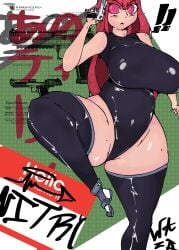 1girls artist_request breasts_bigger_than_head core desert_eagle female female_only gun latex leotard ninckvel oc pink_eyes pink_hair red_eyes red_hair simple_background simple_shading solo thick_thighs thighhighs thighs_bigger_than_head thighs_bigger_than_torso zmilkx