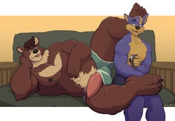 2020 anthro balls barazoku between_legs biceps blep brown_body brown_fur brown_hair camera_flash canid canine claws clothed clothing clothing_aside duo erection eyewear fur furniture genitals glasses hair hi_res lying male male/male male_only mammal musclegut muscular muscular_anthro muscular_male nipples on_couch on_side pecs penis phone pose purple_body purple_fur quads skimpy slightly_chubby sofa thepurp toe_claws tongue tongue_out topless triceps underwear underwear_aside ursid wardrobe_malfunction