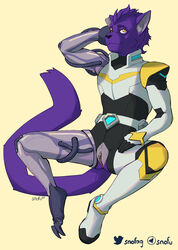 andromorph anthro clothed clothing cosplay cuntboy felid feline genitals hi_res intersex jaguar machine mammal pantherine pinup plugsuit pose prosthetic prosthetic_limb purple_body pussy snofu solo