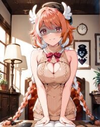 1girls ai_generated big_breasts boob_window braided_hair braids breasts female female_only hat indie_virtual_youtuber pillowdear salmon_hair solo solo_female standing sweater virgin_killer_sweater virtual_youtuber vtuber wings wings_on_head