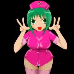 1girls 2011 :p ass_visible_through_thighs black_background black_eyes black_pupils blue_panties bottomless bunker_buster_(vocaloid) double_w ell182a_(masa_works_design) fingernails gradient_eyes green_eyes green_hair gumi large_breasts looking_at_viewer masa_works_design multicolored_eyes mv_character non-web_source nurse_hat panties pantyshot pantyshot_(standing) pink_shirt pink_thighhighs sanpaku shiny_clothes shirt short_sleeves simple_background slit_pupils solo thighhighs tongue tongue_out vocaloid w