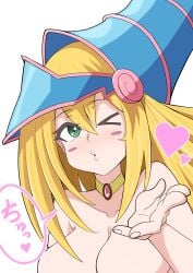 1girls big_breasts blonde_hair blowing_kiss blush breasts busty dark_magician_girl female female_only green_eyes heart highres large_breasts long_hair looking_at_viewer nude one_eye_closed puckered_lips sensual solo wink yu-gi-oh!