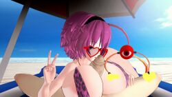 1boy 1girls 3d absurd_res applesoda areola_slip beach bikini hairband huge_breasts huge_cock koikatsu komeiji_satori looking_at_viewer male_pov paizuri peace_sign pink_eyes pink_hair satori_komeiji sunglasses third_eye touhou voluptuous