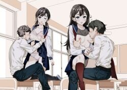 2boys 2girls :o belt black_belt black_socks blue_sailor_collar blue_skirt blush chair classroom collared_shirt commentary_request commission desk faceless faceless_male highres indoors kneeling lifting_another's_clothes long_sleeves low_twintails moonsorrow multiple_boys multiple_girls neckerchief on_desk one_eye_closed original panties pants pixiv_commission polka_dot polka_dot_panties red_neckerchief red_socks sailor_collar school_chair school_desk school_uniform serafuku shirt short_twintails sitting skirt socks twintails underwear white_serafuku white_shirt