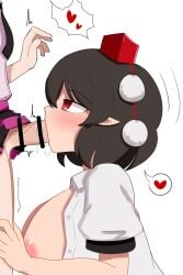 1futa 1girls big_breasts big_penis black_hair blowjob breast breasts breasts_out censor_bar censored ebizebi erection erection_under_clothes erection_under_clothing erection_under_skirt fellatio futa_on_female futa_with_female futanari hair hatate_himekaidou huge_breasts light-skinned_female light-skinned_futanari light_skin shameimaru_aya tengu touhou