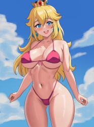 1girls big_breasts blonde_hair blue_eyes breasts brokencog crown female female_only female_solo mario_(series) navel nintendo open_mouth outdoors pink_bikini princess_peach solo solo_female solo_only super_mario_bros.