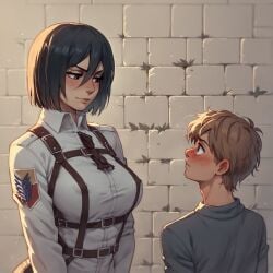 1boy 1girls ai_generated asian asian_female attack_on_titan bigger_female clothed clothed_female clothed_male dominant dominant_female female fully_clothed height_difference larger_female light-skinned_female light_skin looking_at_partner male metaphorzio mikasa_ackerman sfw shingeki_no_kyojin shorter_male size_difference smaller_male taller_female taller_girl