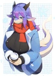 1girls anthro big_breasts blue_eyes blue_hair dragon female female_only hi_res horns lanya_(lcshian) lcshian long_hair purple_hair scarf solo tail tied_hair two_tone_hair wingless_dragon winter_clothes