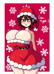 1girls alissa_(full_comfort) arms_behind_back big_breasts blush blush_lines bouncing_breasts breasts brown_hair christmas christmas_outfit eyelashes female female_only friday_night_funkin full_comfort huge_breasts looking_at_own_breasts looking_down_at_breasts nervous oc original_character short_hair shy slim_waist solo solo_female speaking_to_viewer standing swinging_breasts tagme talking_to_self text thick_thighs tight_clothing