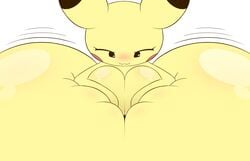 14:9 anthro blush bodily_fluids breasts female genital_fluids hi_res huge_breasts hyper hyper_breasts k--10 nintendo paizuri pichu pokémon_(species) pokemon precum sex simple_background squished_between_breasts titjob video_games white_background yellow_body