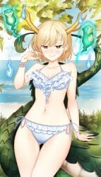 beach belly blonde_hair blush female hataraki_kuma horns kicchou_yachie navel otter shell smile swimsuit tail touhou