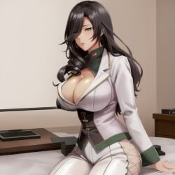 ai_generated amamiya_tsubaki big_breasts black_hair busty civitai cleavage god_eater mature_female on_bed sexy thick_thighs white_suit