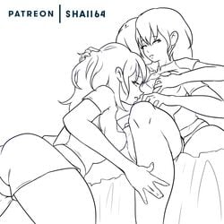 3girls bed breasts byleth_(fire_emblem) byleth_(fire_emblem)_(female) camera_view clone clonecest doppelganger fire_emblem fire_emblem:_three_houses hand_on_breast lineart multiple_girls patreon_exclusive patreon_reward pussy selfcest shaii64